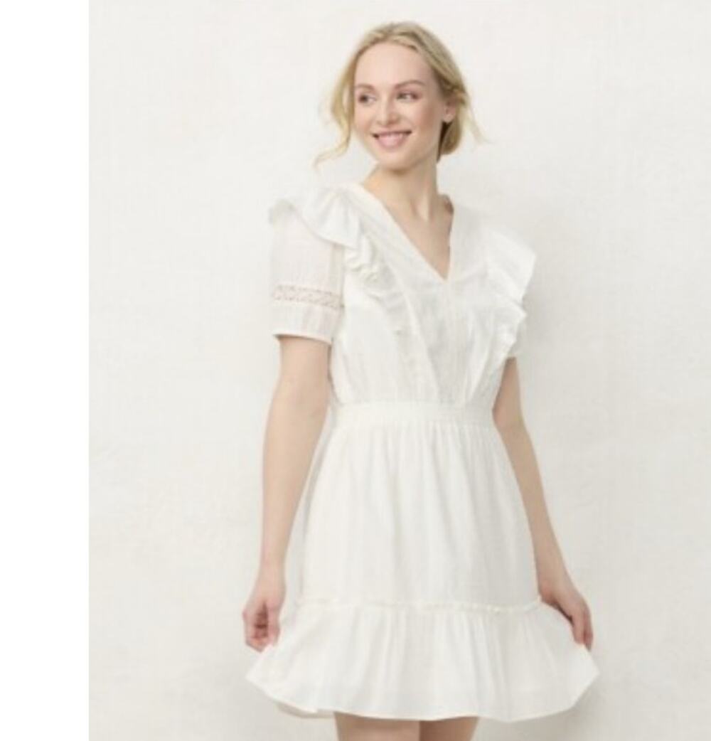 Lauren Conrad Cream Ruffle Mini‎ Dress Cottagecore Romantic V Neck Sz M
